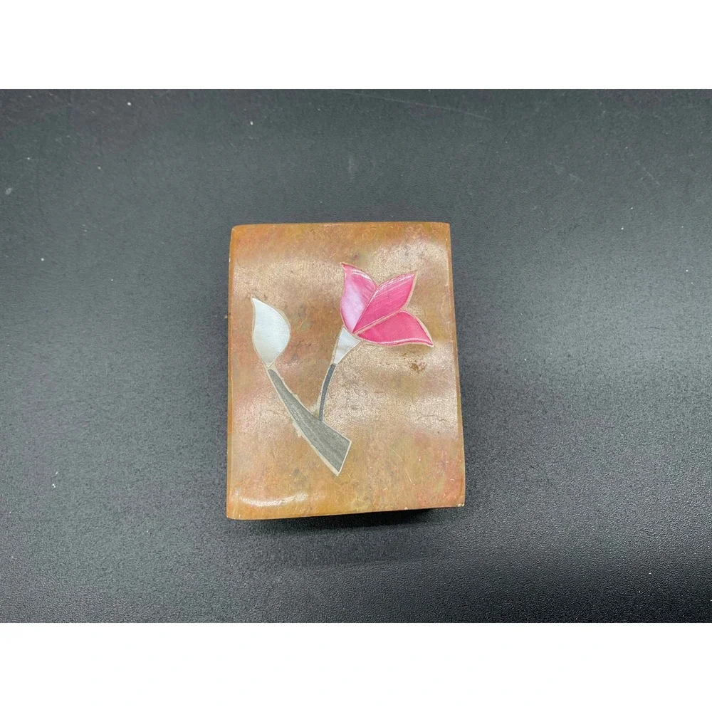 Vintage Stone Trinket Box Floral Inlay Small Carved Square Lidded Soapstone‎